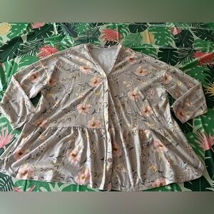 Izuria Loose Fitting Floral Print Button Down Peplum Hem Top 1X